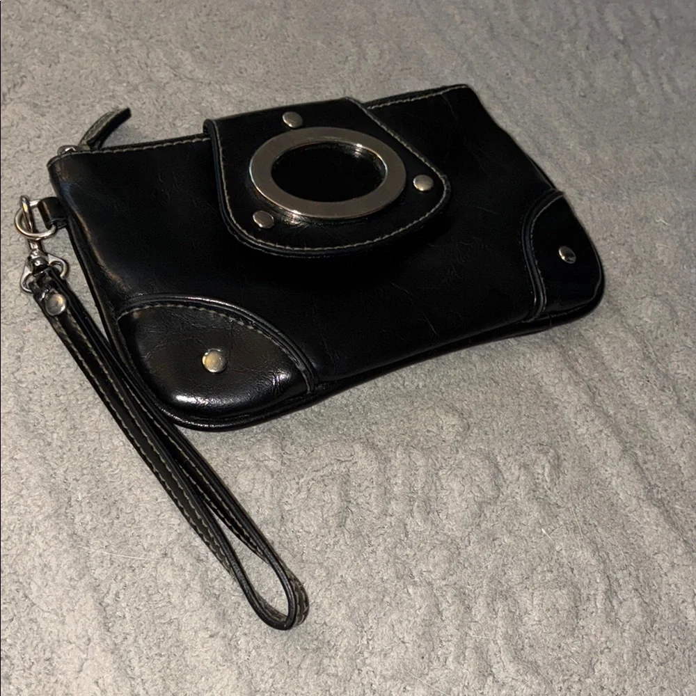 Elegant Black Clutch Wristlet with Silver Accents